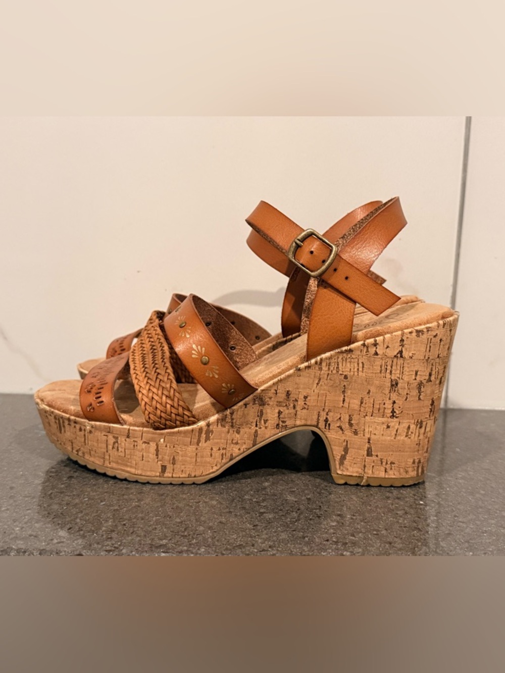 Jelly Pop Memory Foam Woven Tan Cork Wedge Sandals with Buckle Strap